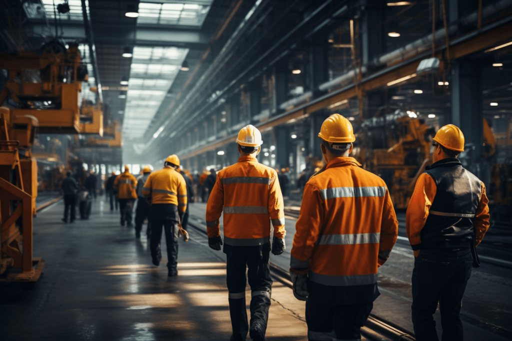 Arbeiter mit Schutzhelmen in Industriehalle - Arbeitsschutz als Wettbewerbsvorteil mit SiFa-flex.