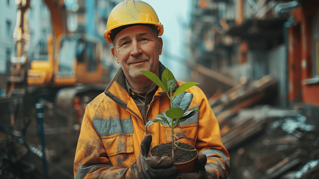 Baustellenarbeiter hält Pflanze auf einer Baustelle