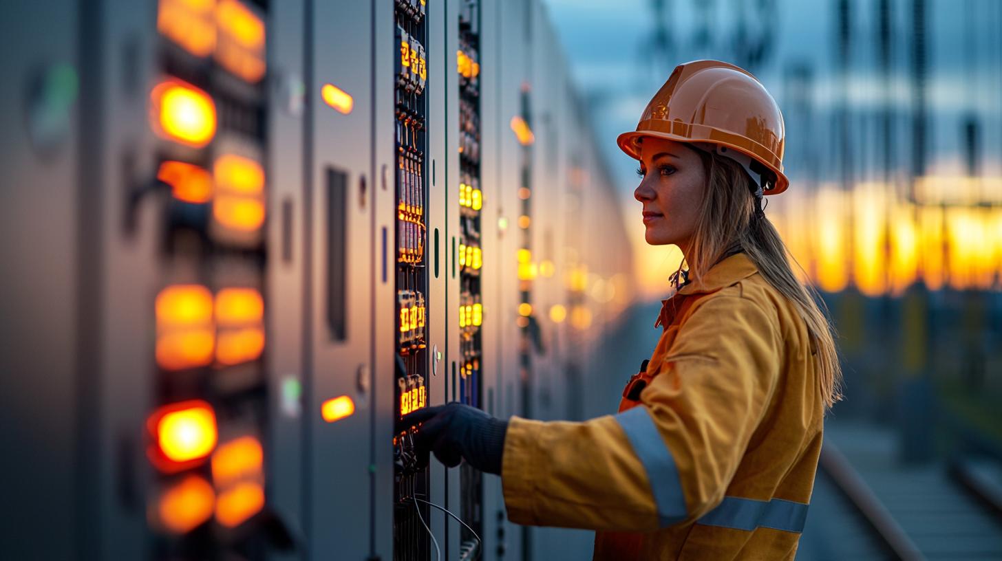 Elektrikerin bei der Arbeit an einer elektrischen Anlage - Arbeiten mit Strom.