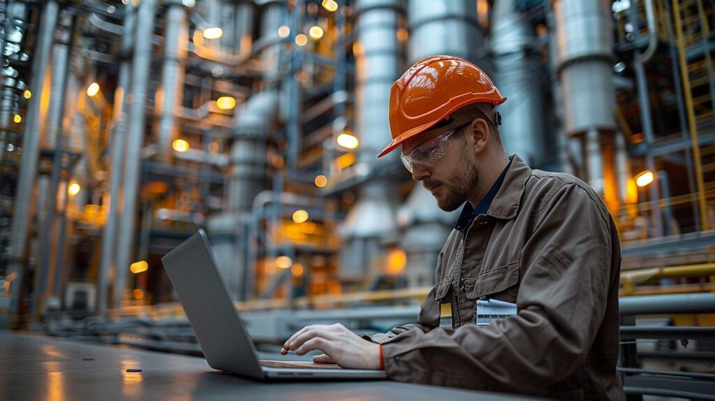 Arbeiter mit Helm in einem industriellen Umfeld, umgeben von Maßnahmen des vorbeugenden Brandschutzes - vorbeugender Brandschutz