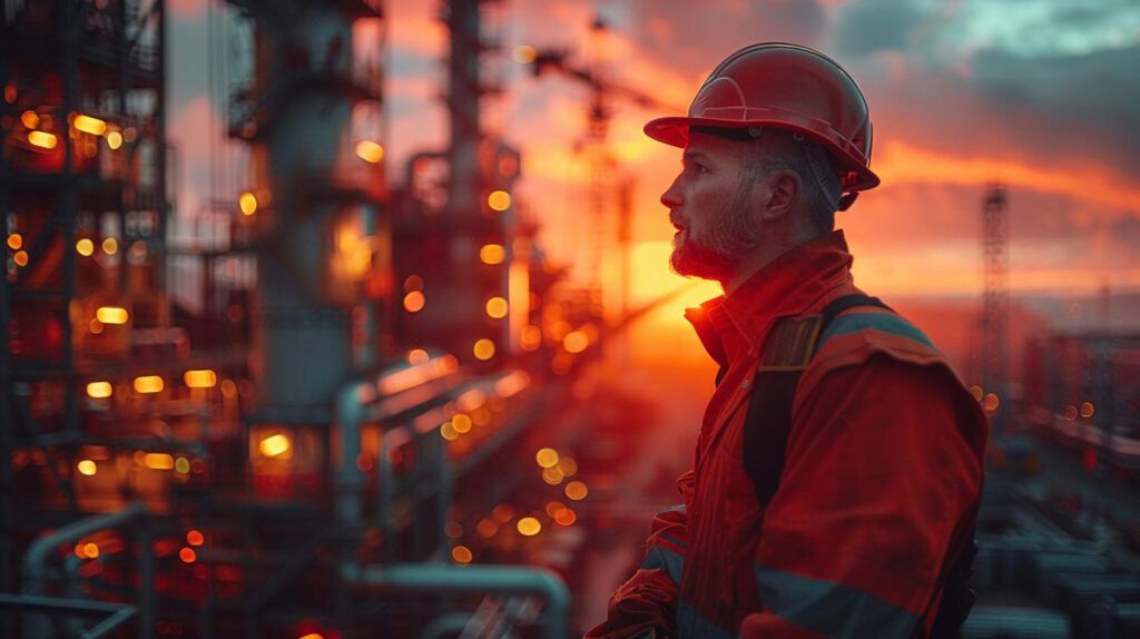 Baustellenmitarbeiter mit Schutzhelm vor industrieller Kulisse, symbolisiert DIN EN ISO 50001