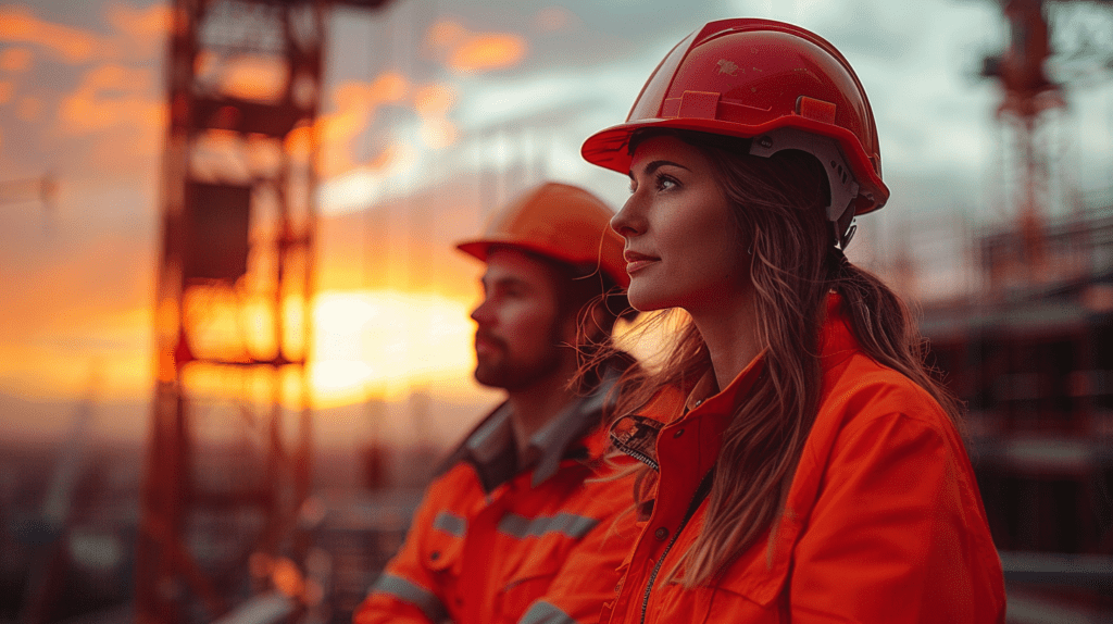 Frau und Mann mit Schutzhelmen auf einer Baustelle, mit Persönlicher Schutzausrüstung.