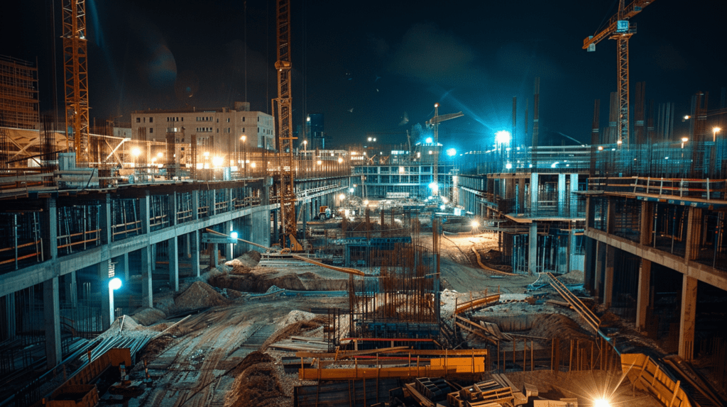 Baustelle bei Nacht mit Sicherheits- und Gesundheitsschutzkoordinator (SiGeKo)