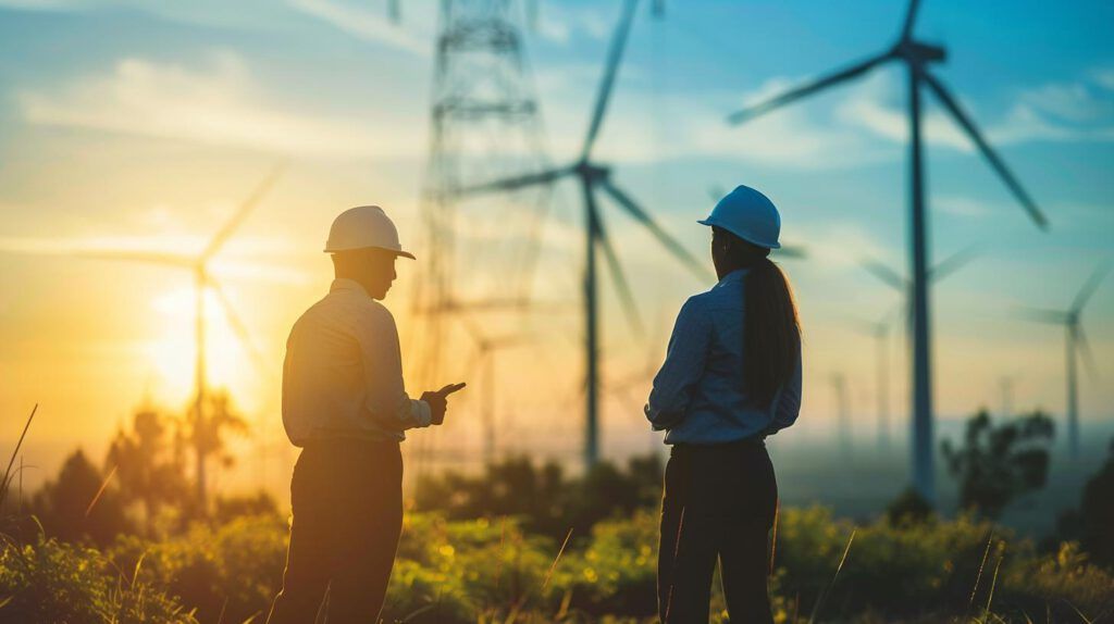 Zwei Ingenieure in einem Windpark bei Sonnenuntergang, symbolisieren ISO 50001 und Energiemanagement.