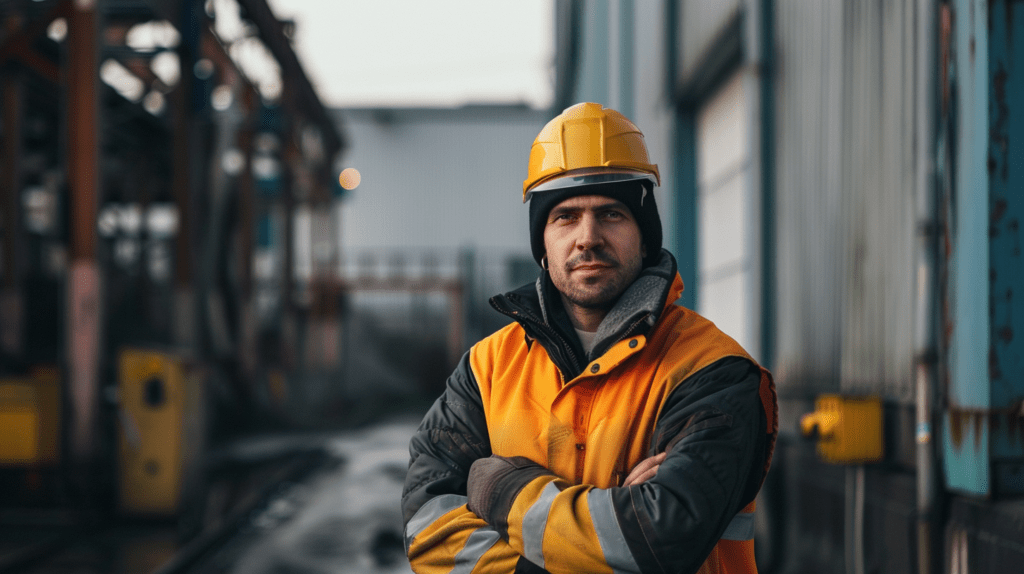 unger Mann mit orangefarbenem Helm und Schutzkleidung