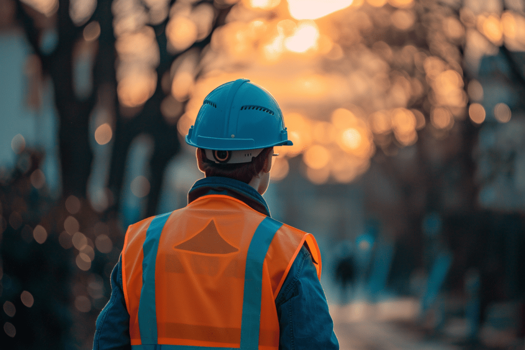 Rückansicht eines kompetenten Sicherheitsfachmanns in Sicherheitsausrüstung auf einer Baustelle, der die Einhaltung der Sicherheitsvorschriften überwacht. Symbolbild zur Kompetenz im Arbeitsschutz