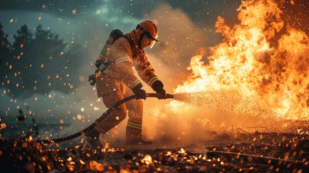 Arbeiter löscht Brand mit Wasserstrahl, Einsatz von Löschwasserrückhaltung zur Umweltprotektion