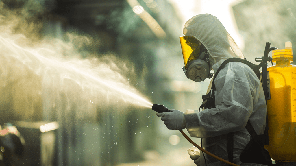 Mann in gelbem Ganzkörperschutzanzug und Atemmaske in industrieller Umgebung. Er schützt sich vor Hautresorption.