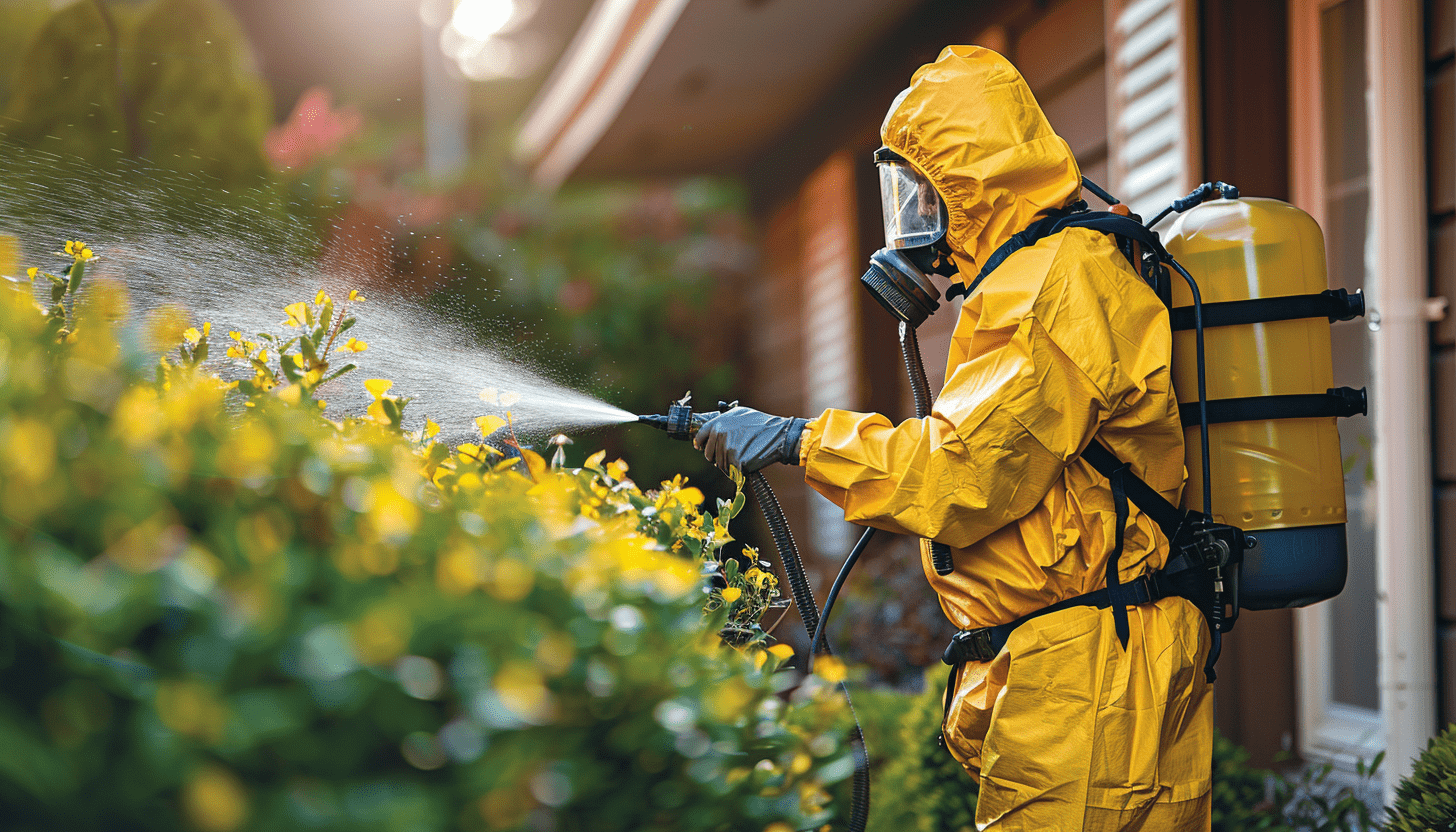  Mann mit Schutzkleidung und Atemschutzgerät sprüht Flüssigkeit im Garten