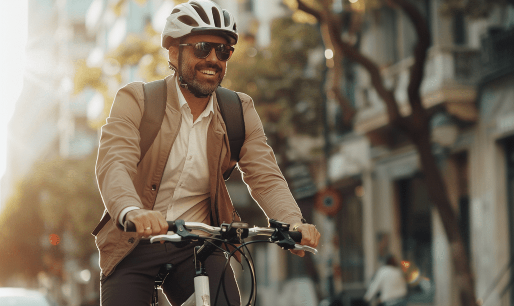 Mitarbeiter fährt sicher auf Dienstfahrrad in urbaner Umgebung, ausgestattet mit Helm und reflektierender Jacke. Das Bild steht symbolisch für den Beitrag über Dienstfahrräder von SiFa-flex.