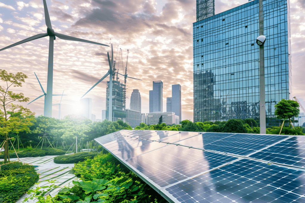 Luftaufnahme eines modernen Gewerbegebiets mit Solarpanels, Windkraftanlagen und begrünten Flächen.