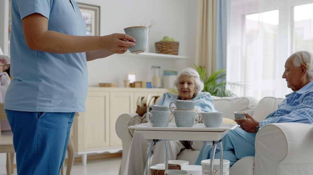 Pflegekraft versorgt Baby-Boomer mit Tee. Alltägliche Aufgaben in der Pflegebranche.