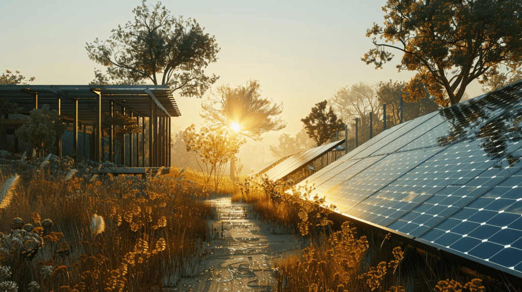 Photovoltaikanlage auf einem Dach mit angrenzendem Haus, zeigt die Integration erneuerbarer Energien und die Bedeutung von Sicherheit bei der Installation.