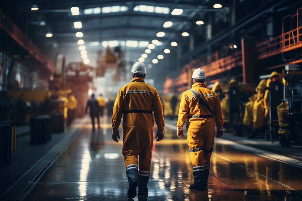 Zwei Sicherheitsfachkräfte überprüfen Sicherheitsstandards in einer Industriehalle