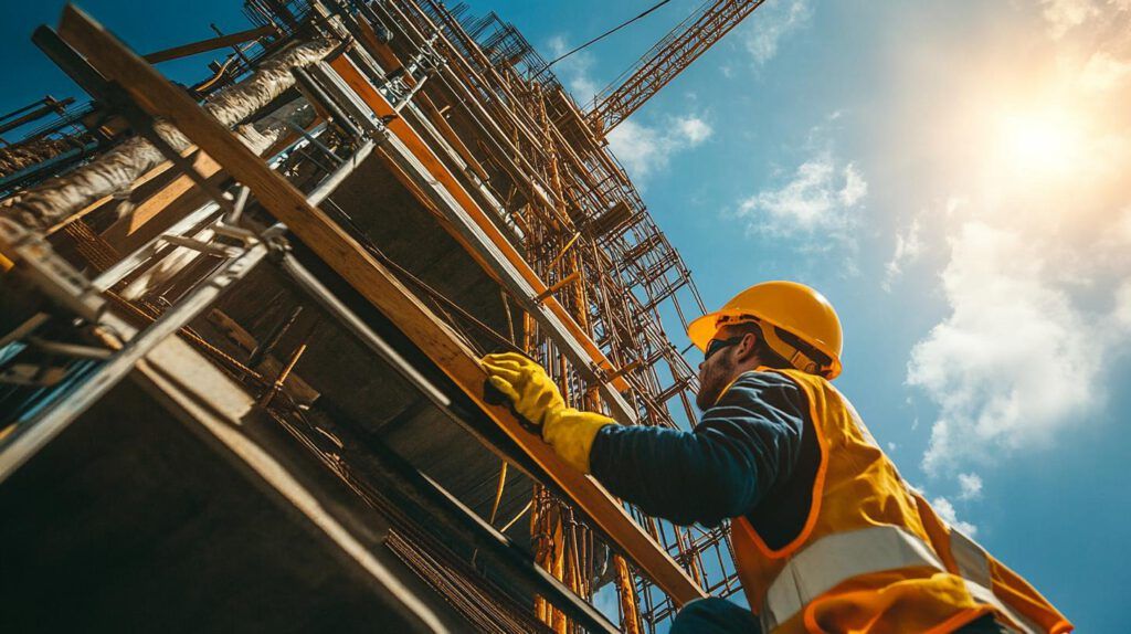 Arbeiter mit Schutzhelm bei der Arbeit während Sicherheitsunterweisung