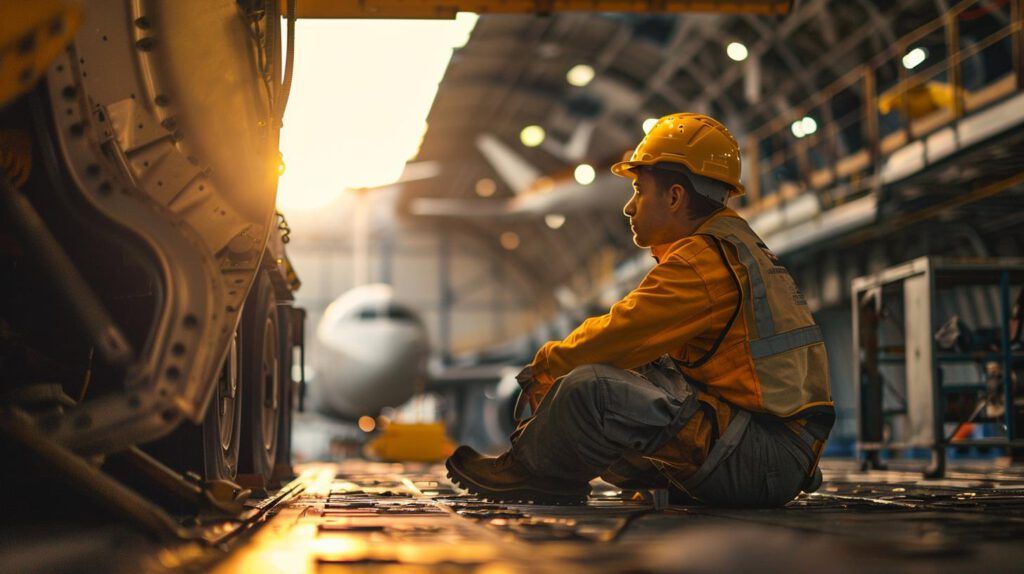 Umweltmanager mit gelbem Schutzhelm überprüft CO2-Emissionen auf einem Flughafen.